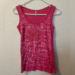 SUPER CUTE TANK Y2K in pink all over the shirt reads “baby girl”